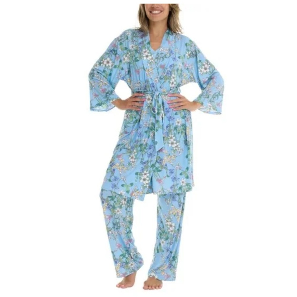 New Flora Nikrooz Women's 3-piece Pajama Robe Set Blue Floral Medium (8-10) - Picture 7 of 12